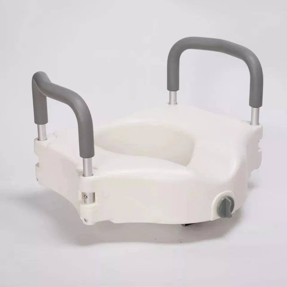 Raised White Toilet Seat with Removable Padded Armrests