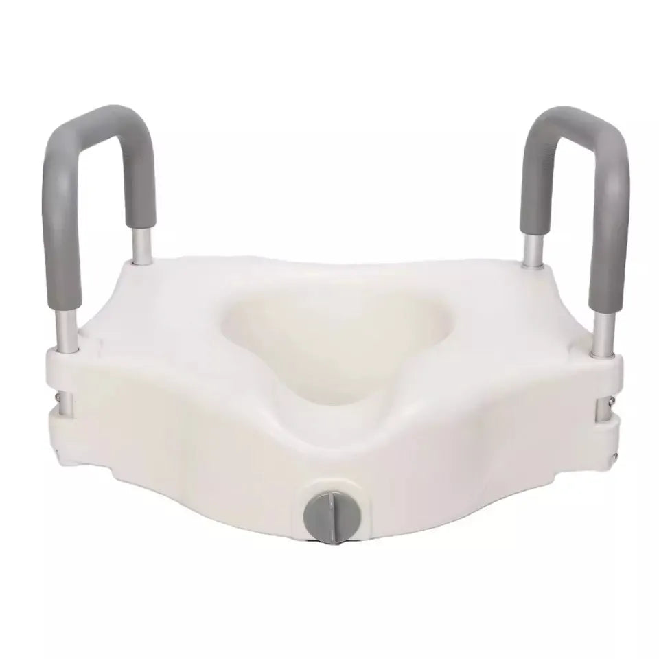 Raised White Toilet Seat with Removable Padded Armrests